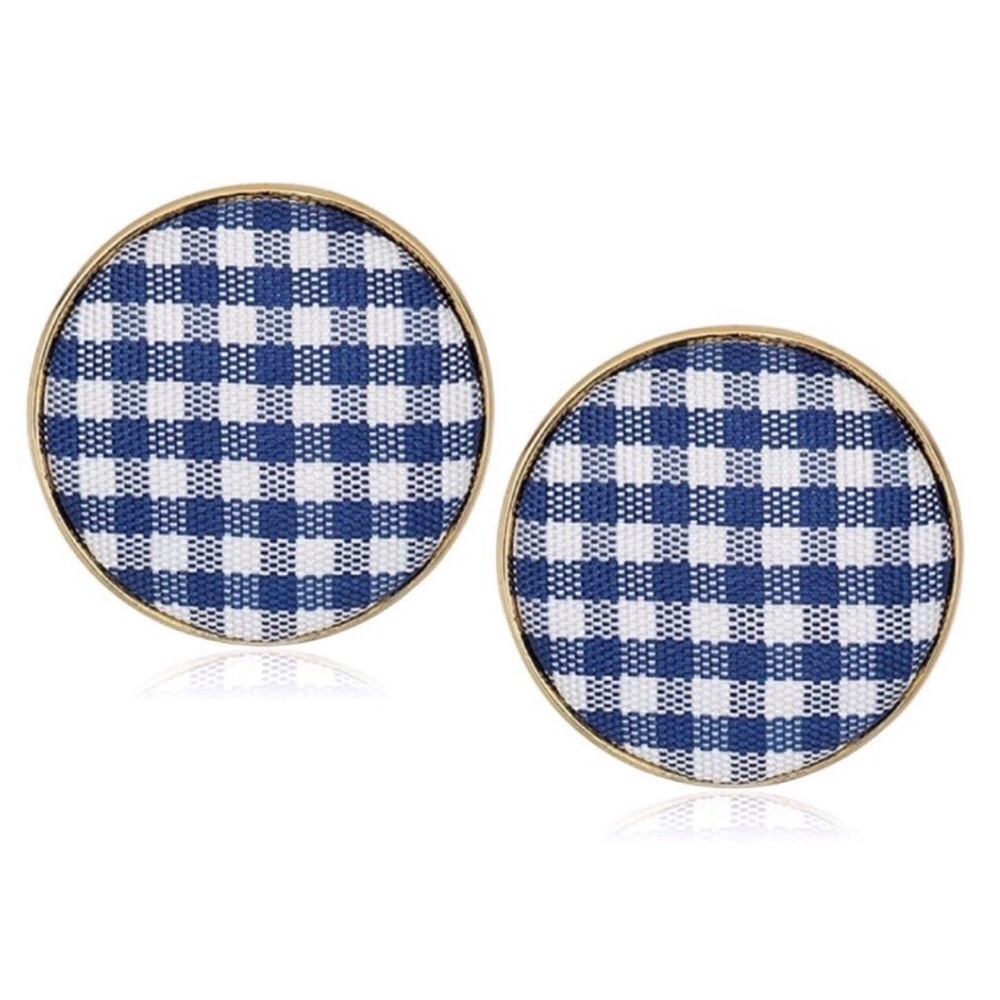 NWOT Kate Spade Set Sail Button Navy & White Gingham Stud Earrings - Picture 1 of 4